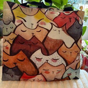 Cats Cotton and Hemp Cute Colorful Cat Group Tote Shoulder Reusable Bag